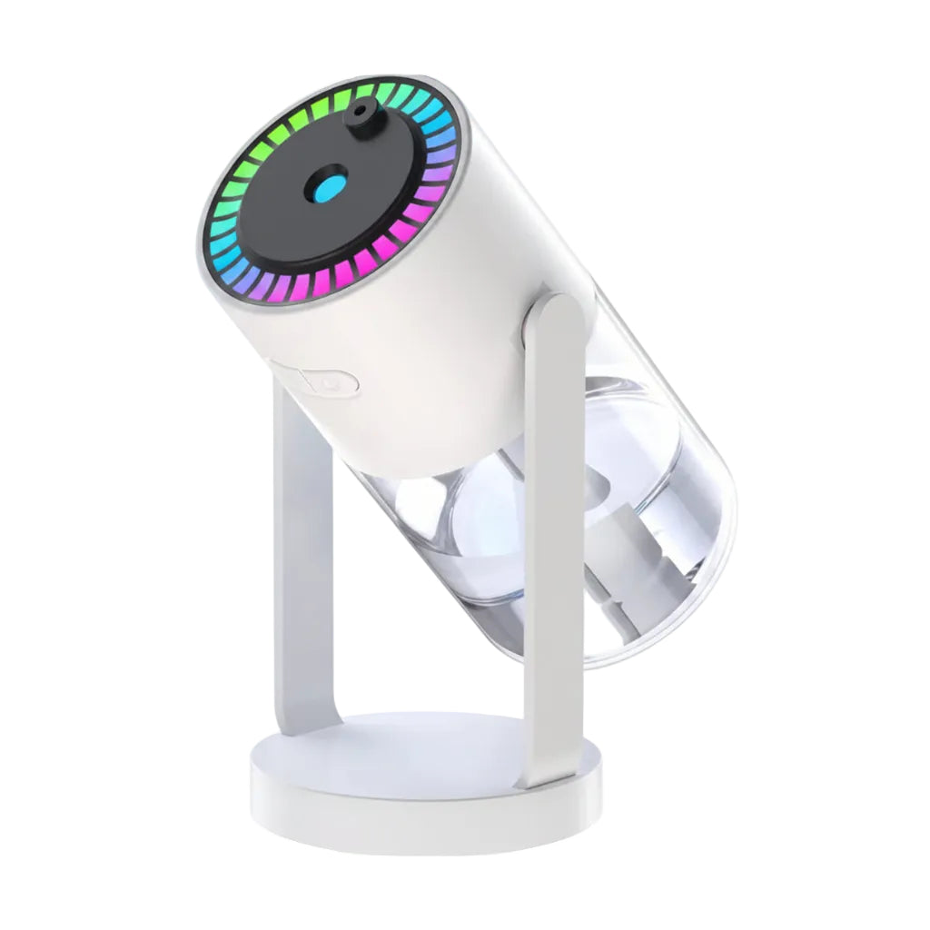 White portable fan with colorful light display on a white background