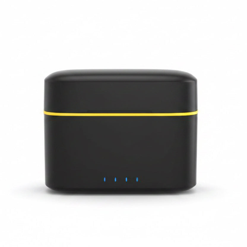 Black and yellow electronic device with batteries on a white background
