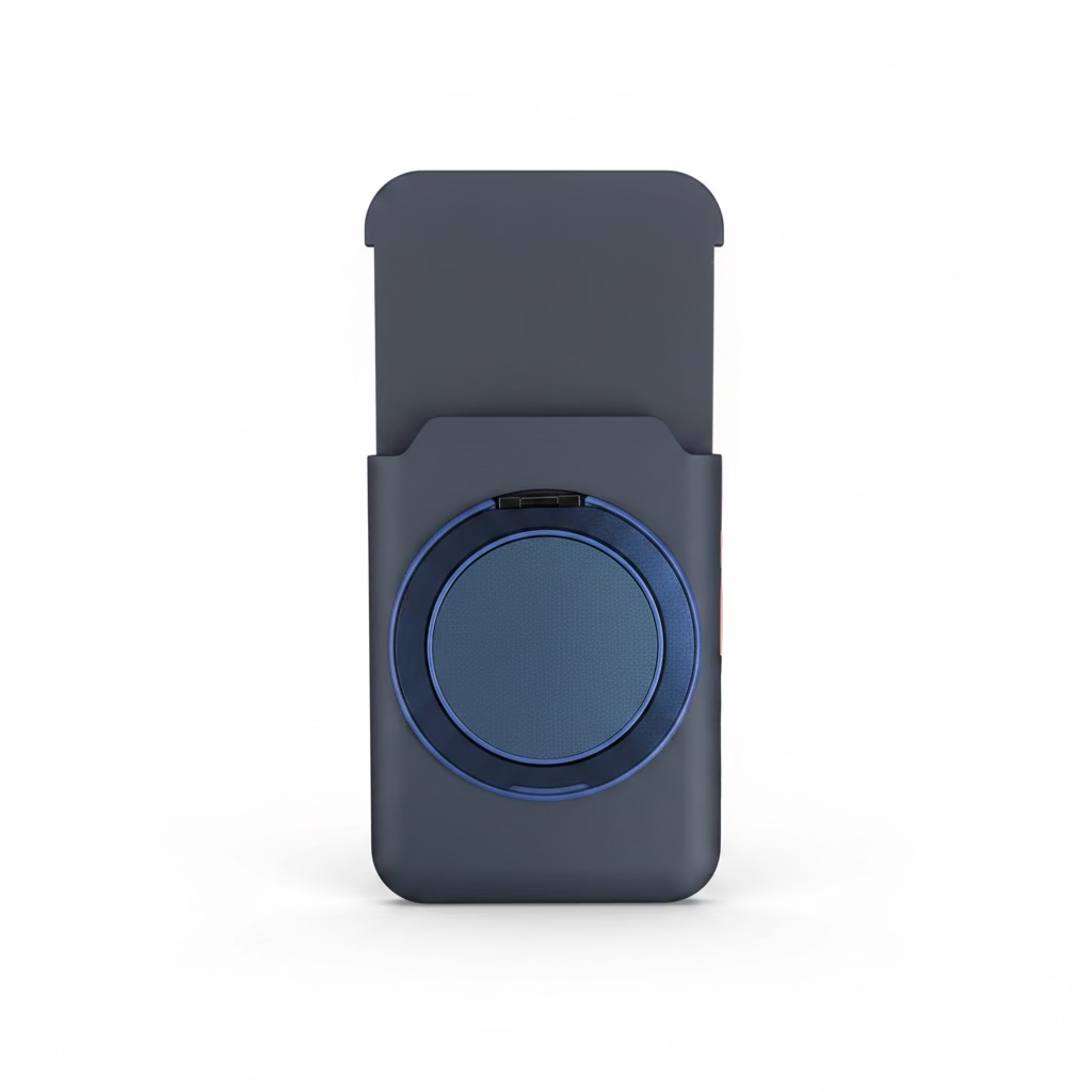 Hand holding a blue and black phone case with a visible brand logo in the background.