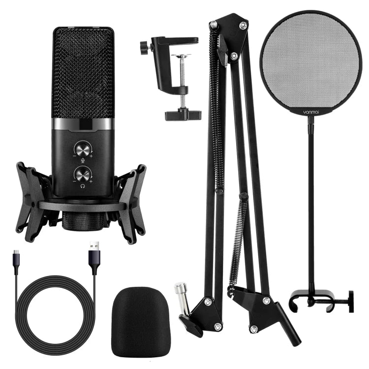 Set of studio microphone equipment including a microphone, stand, pop filter, and cable on a white background.