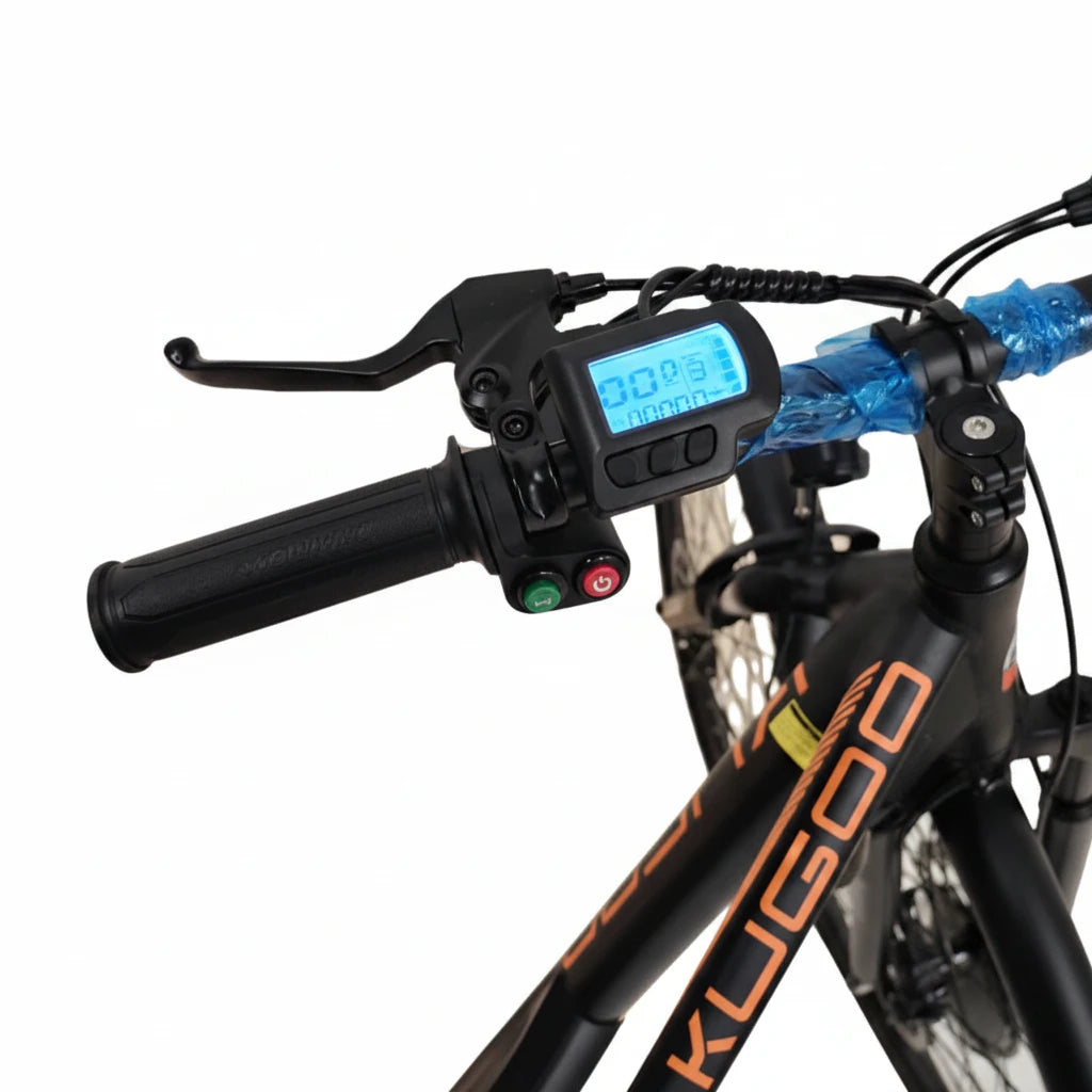 Close-up of a bicycle handlebar with digital display and control buttons on a white background