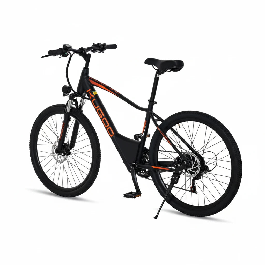 Black bicycle with orange accents on a white background
