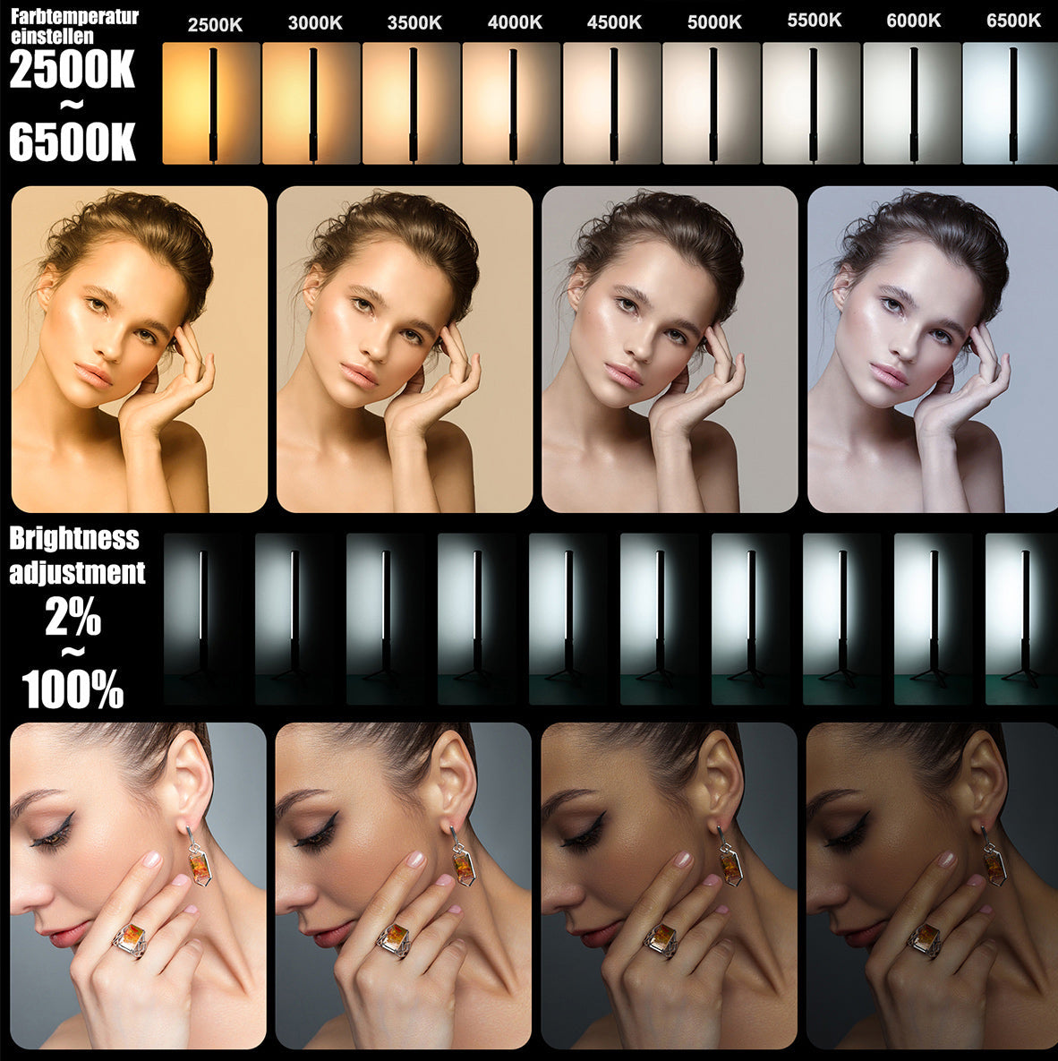Collage of a woman with different lighting conditions and jewelry, showing color temperature and brightness adjustments.
