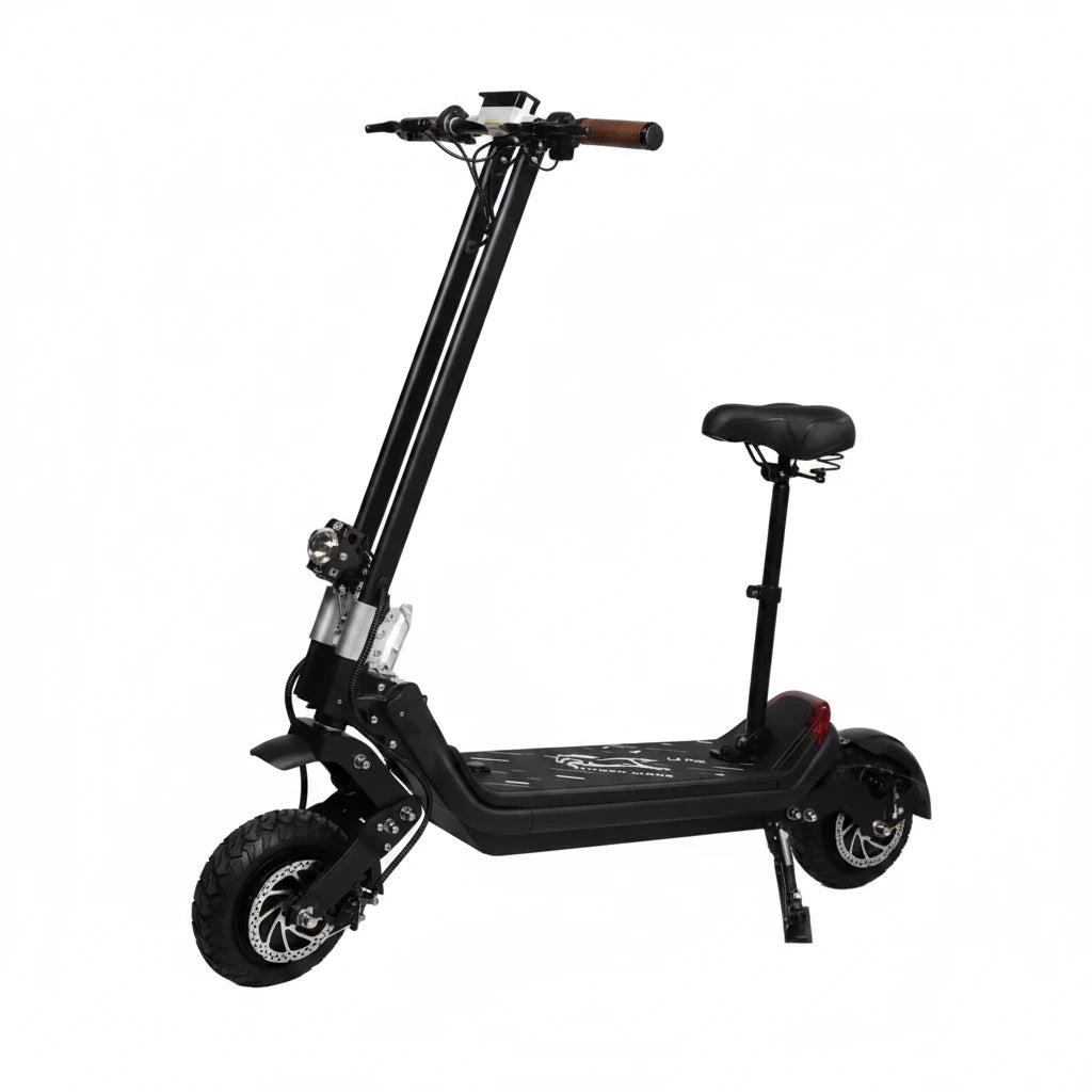 Black electric scooter with a seat on a white background