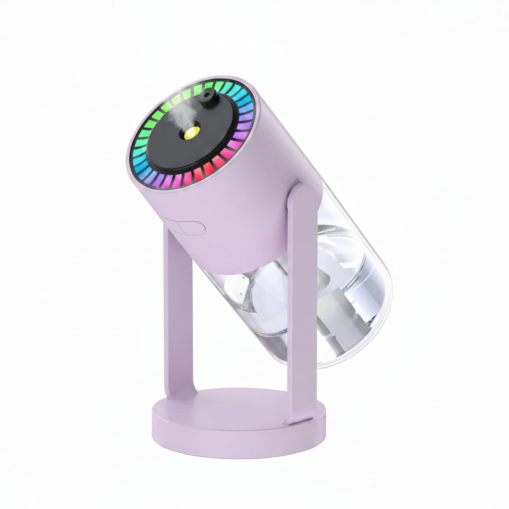 White portable fan with colorful light display on a white background