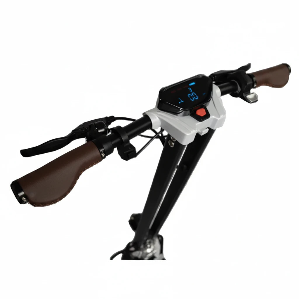 Close-up of a bicycle handlebar with brown grips and a digital display on a white background