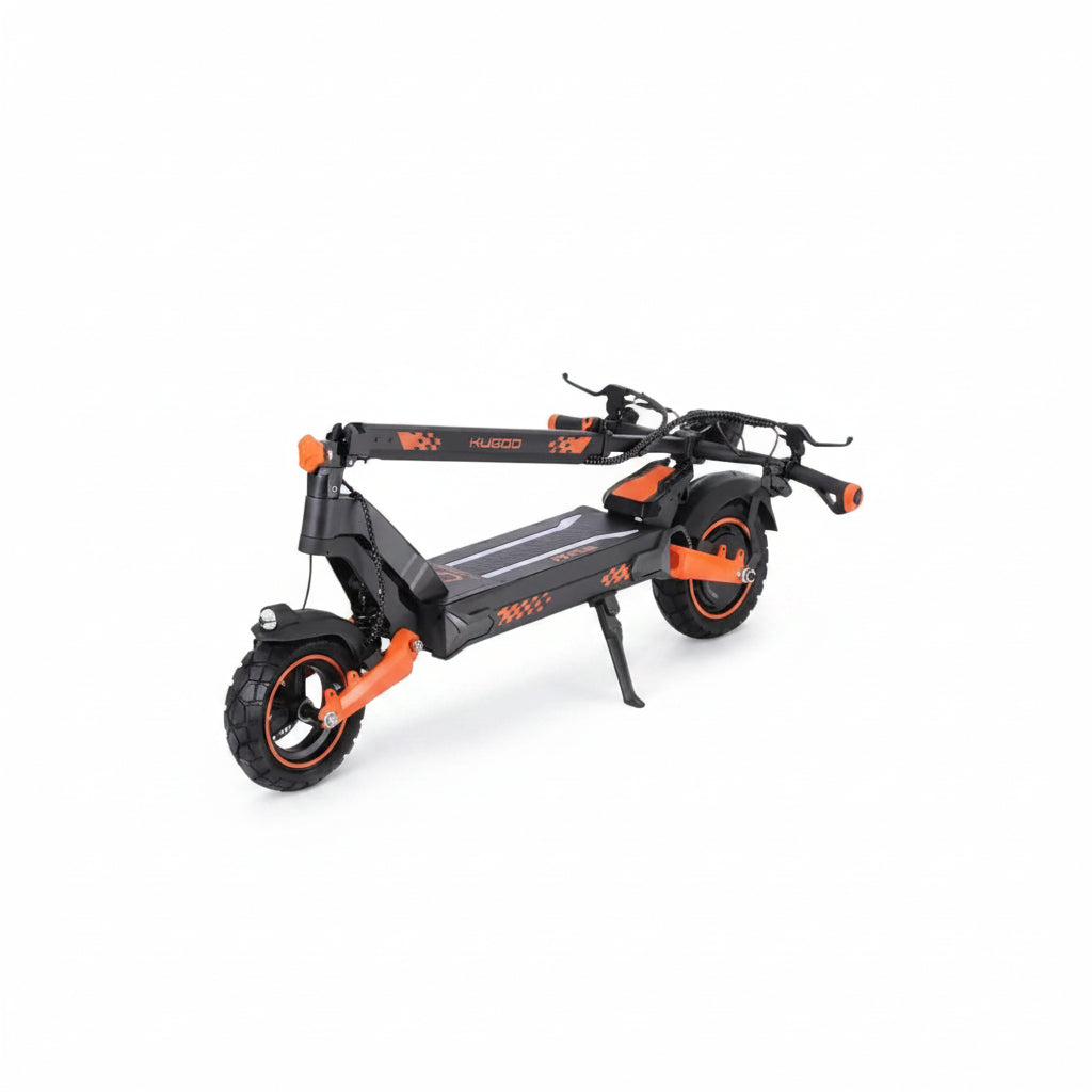 Black and orange electric scooter with 'Kugoo' branding on a white background