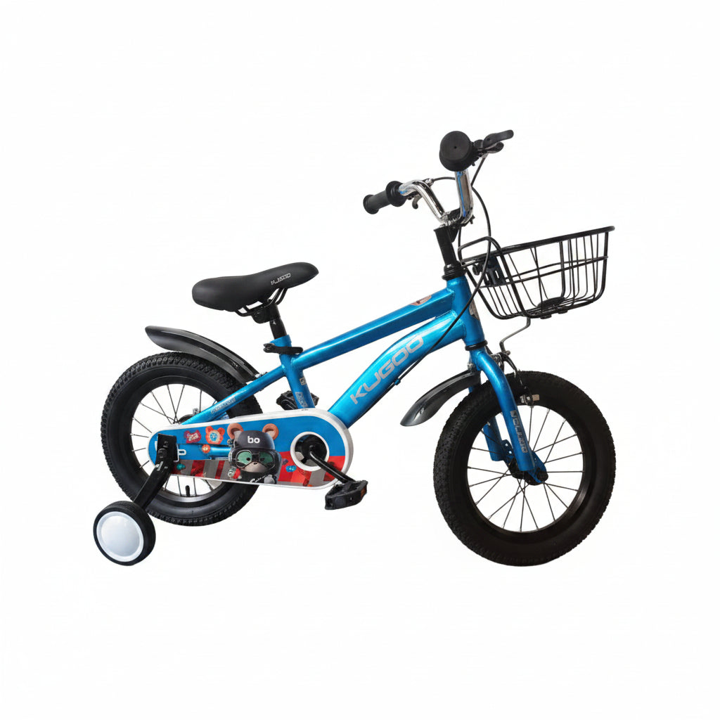 Red children's bicycle with training wheels on a blue rug in a store setting