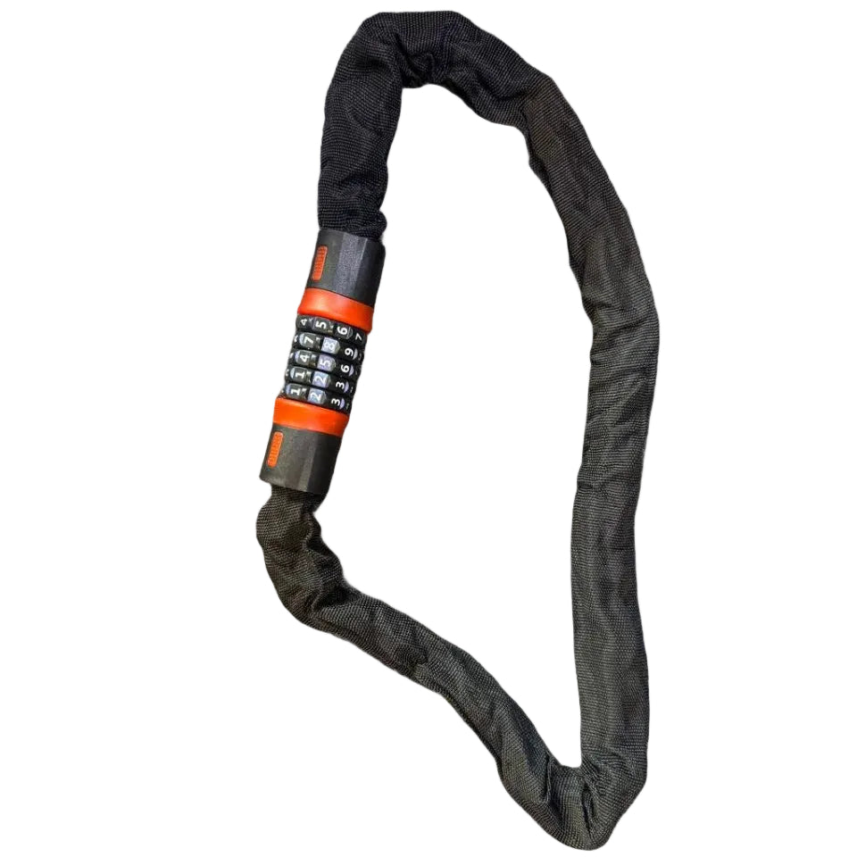 Black bike lock with a combination lock on a textured surface