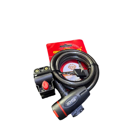Black bike lock with red button on a gray chair