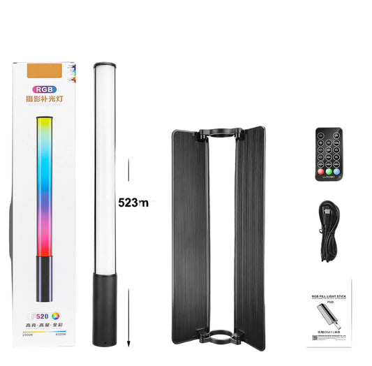 RGB light bar with packaging, stand, remote control, and cable on a gray background