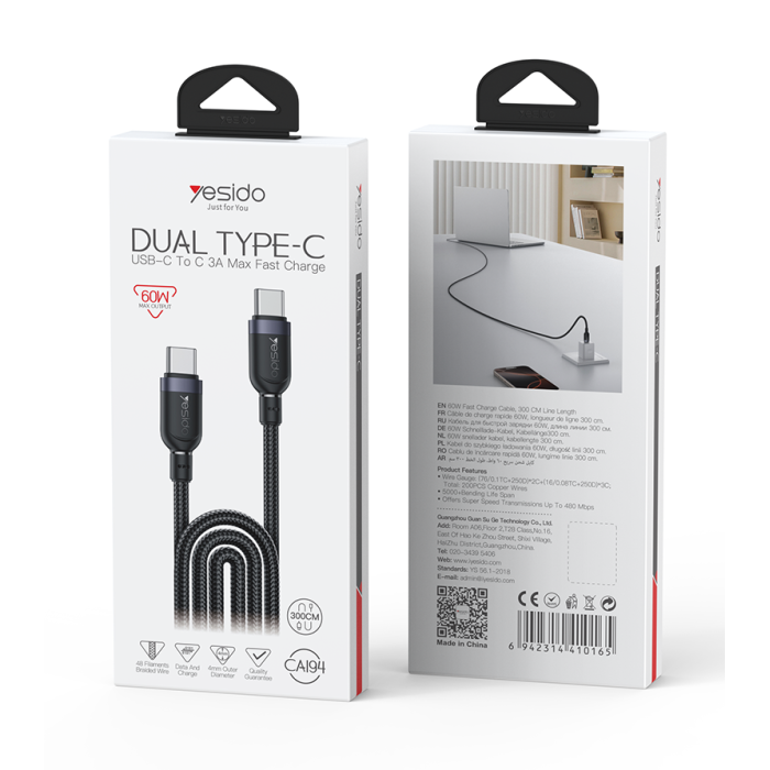 Yesido CA194 3M PD 60W Fast Charging Type-C To Type-C