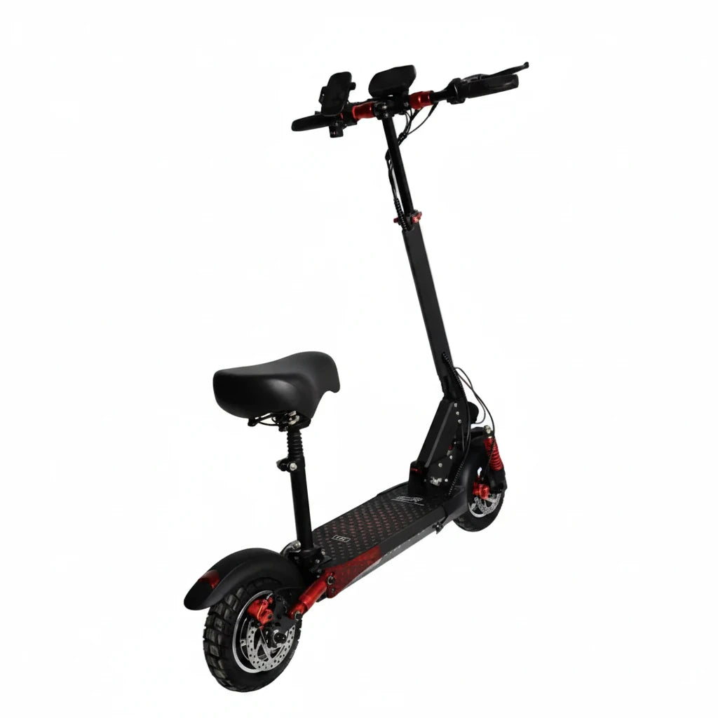 Black electric scooter with a seat on a white background