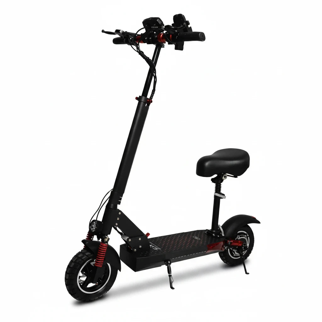 Black electric scooter with a seat on a white background