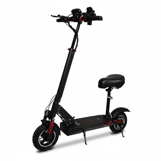 Black electric scooter with a seat on a white background