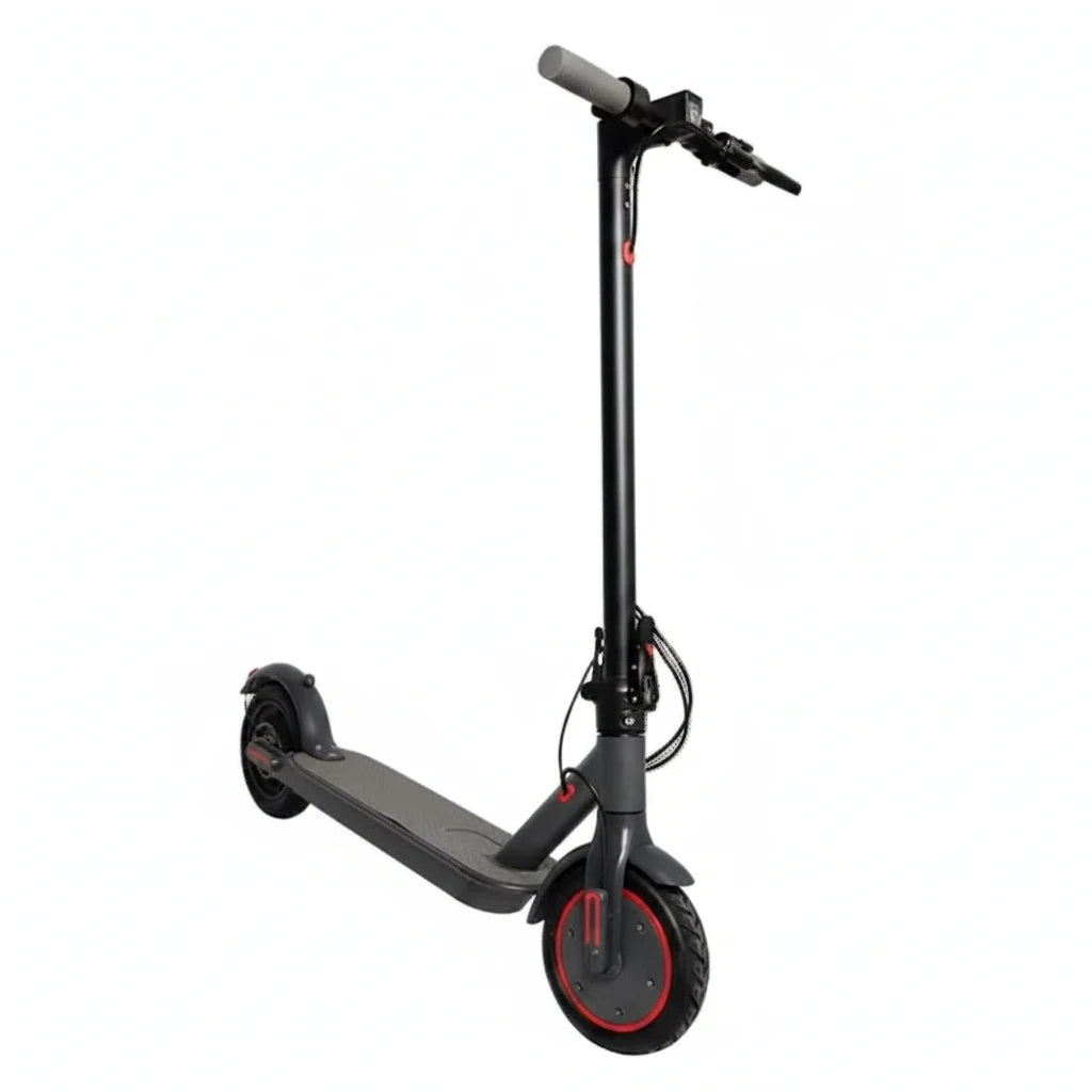 Black electric scooter with red accents on a white background