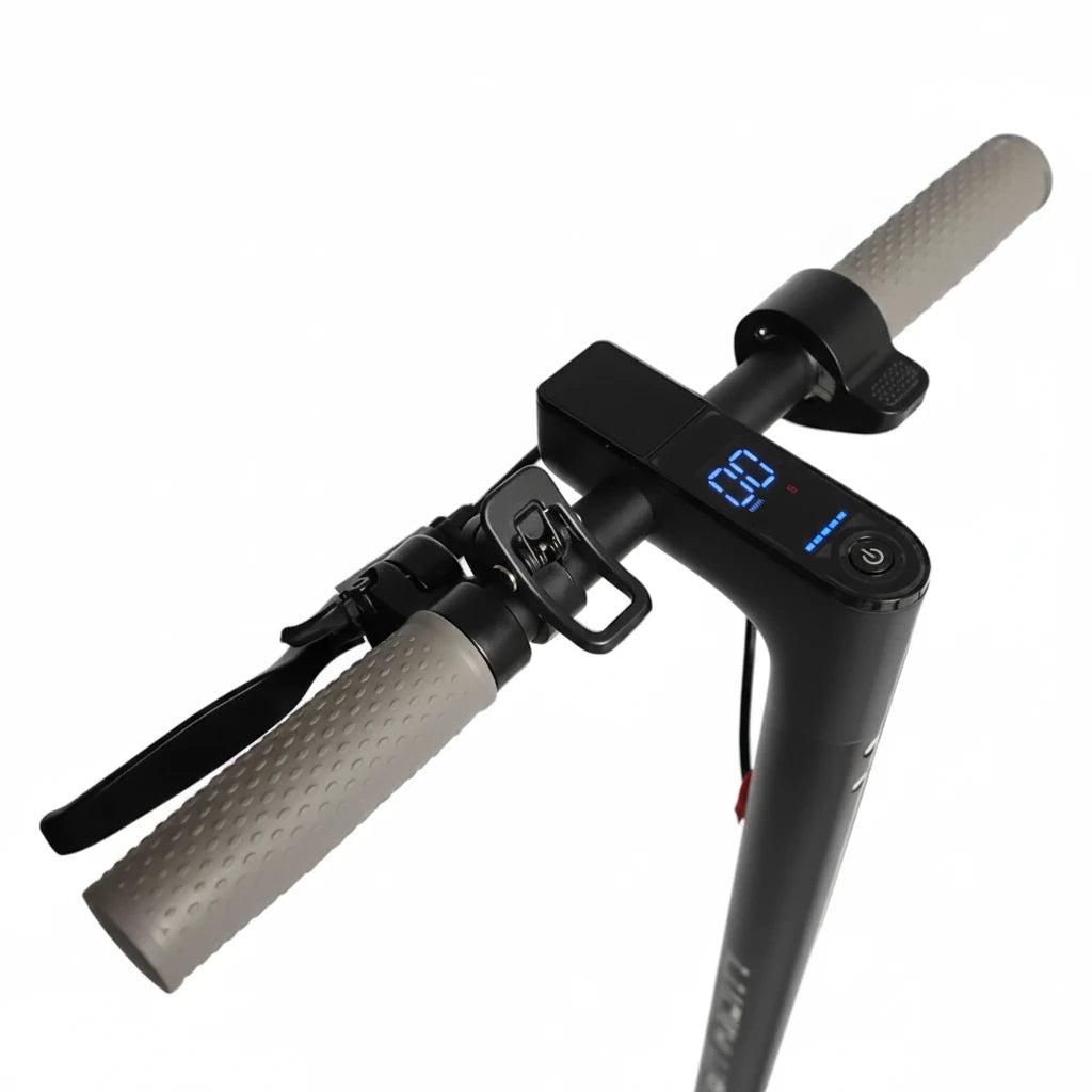 Black electric scooter with digital display on a white background