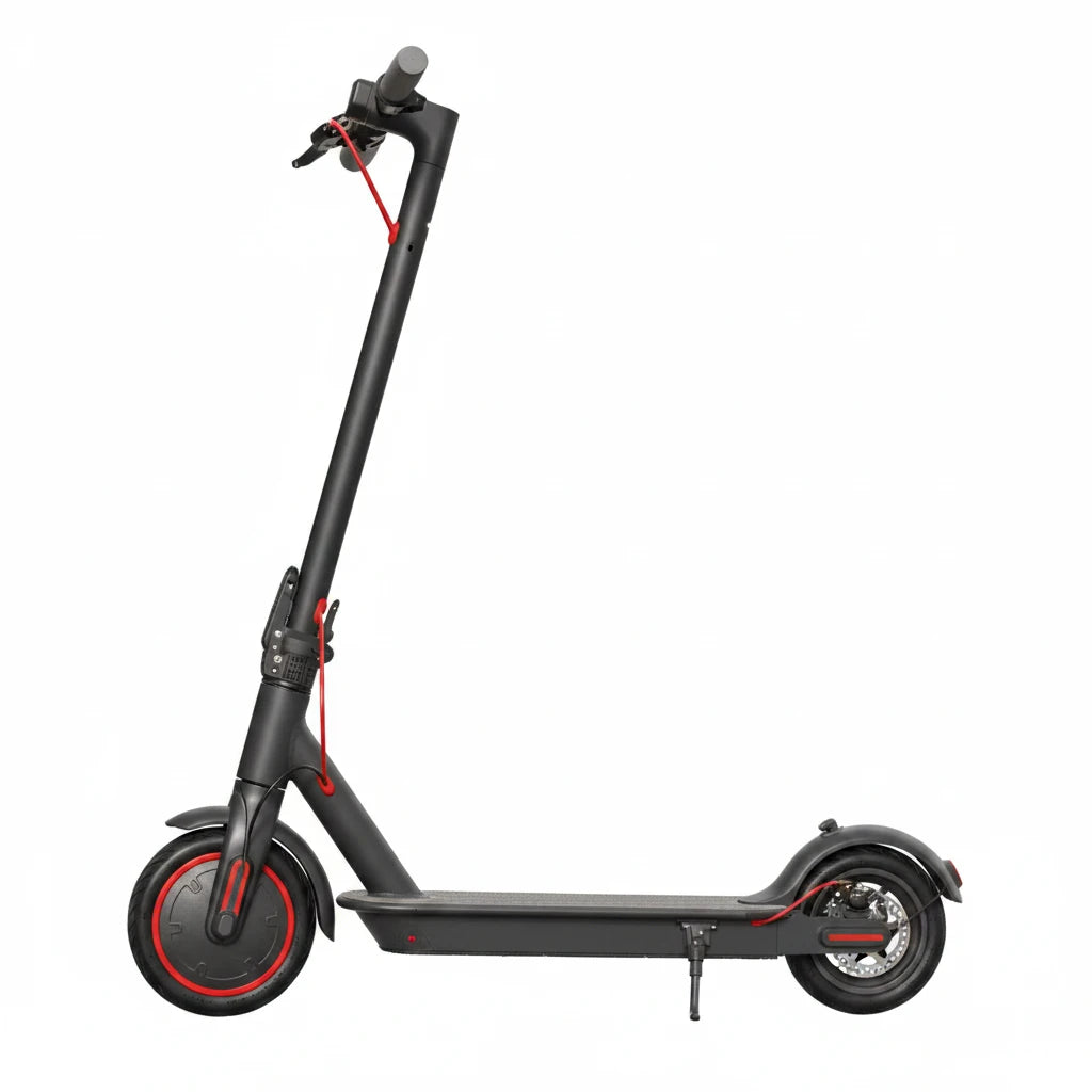 Black electric scooter with red accents on a white background