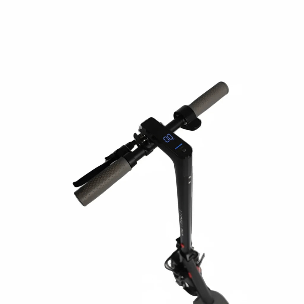 Black scooter handlebar with controls on a white background