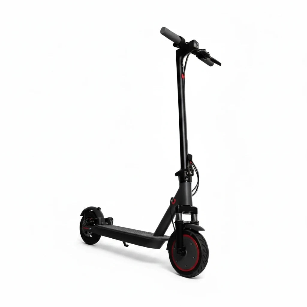 Black scooter with red accents on a white background