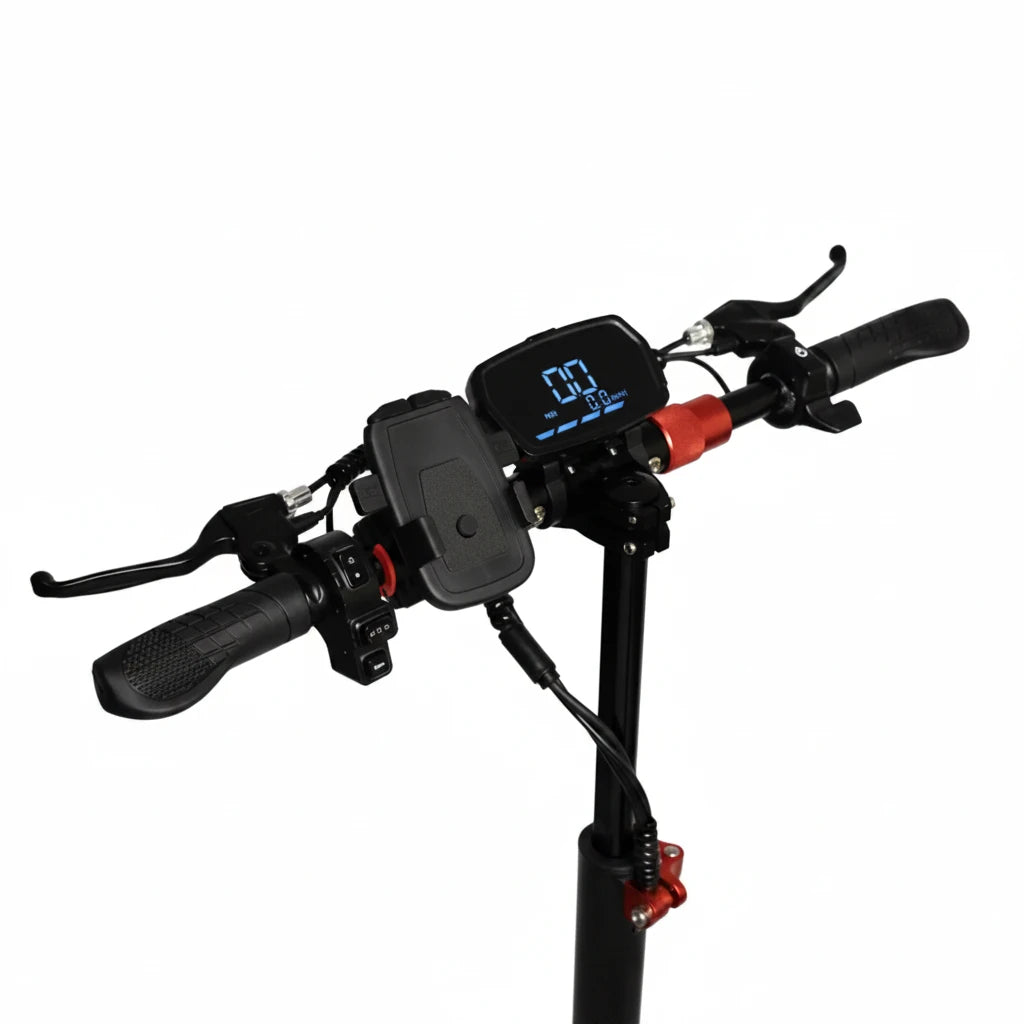 Close-up of a motorcycle handlebar with control panel on a white background