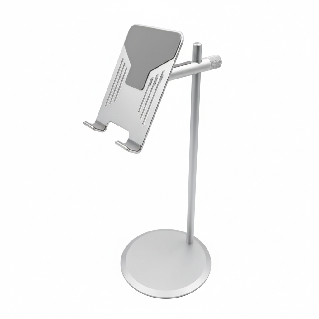 Silver phone stand on a white background