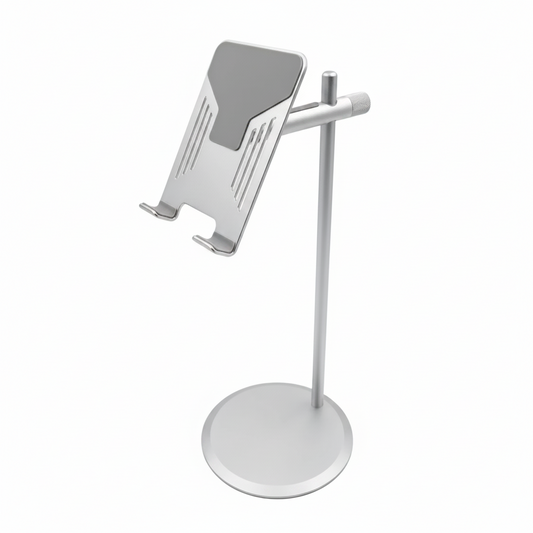 Silver phone stand on a white background