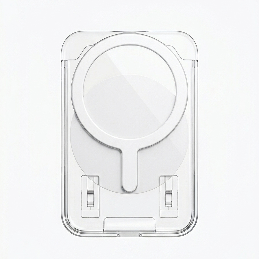 Transparent packaging with a white round object inside on a light gray background