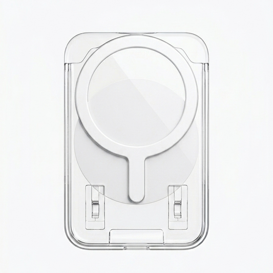 Transparent packaging with a white round object inside on a light gray background