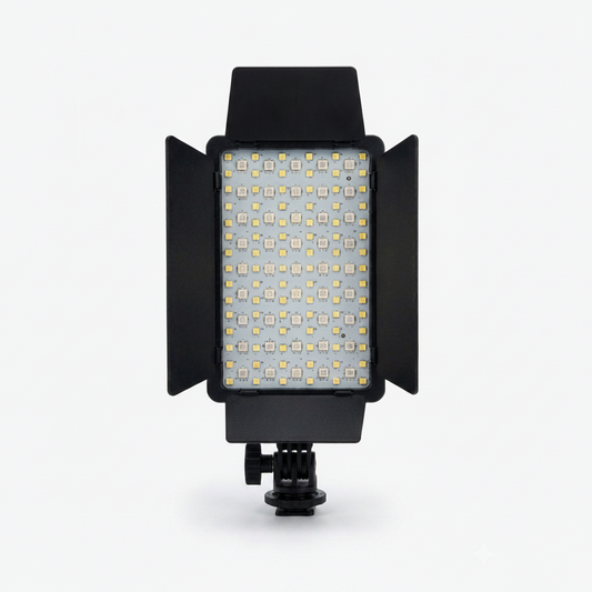 LED video light with adjustable panels on a white background