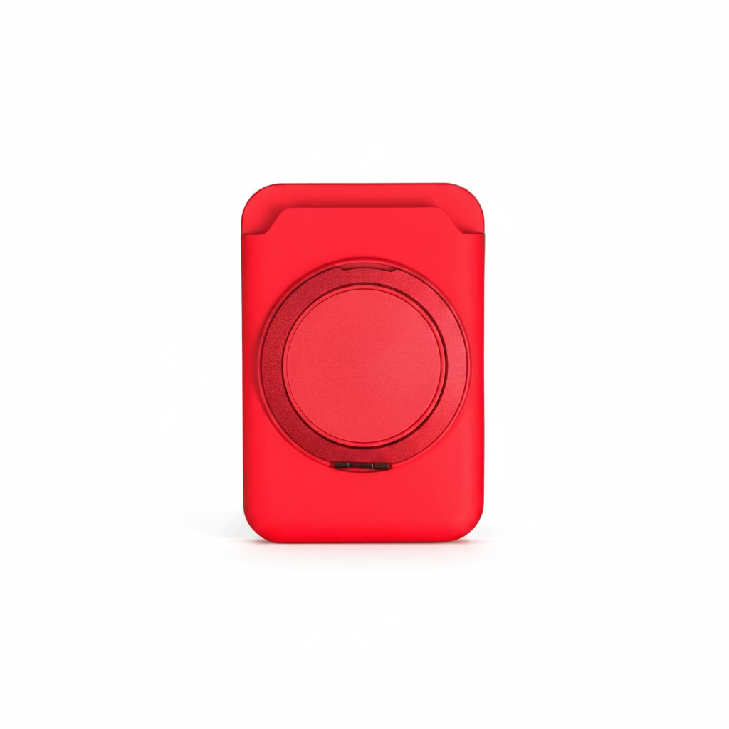 Hand holding a red square object with a circular design against a blurred background