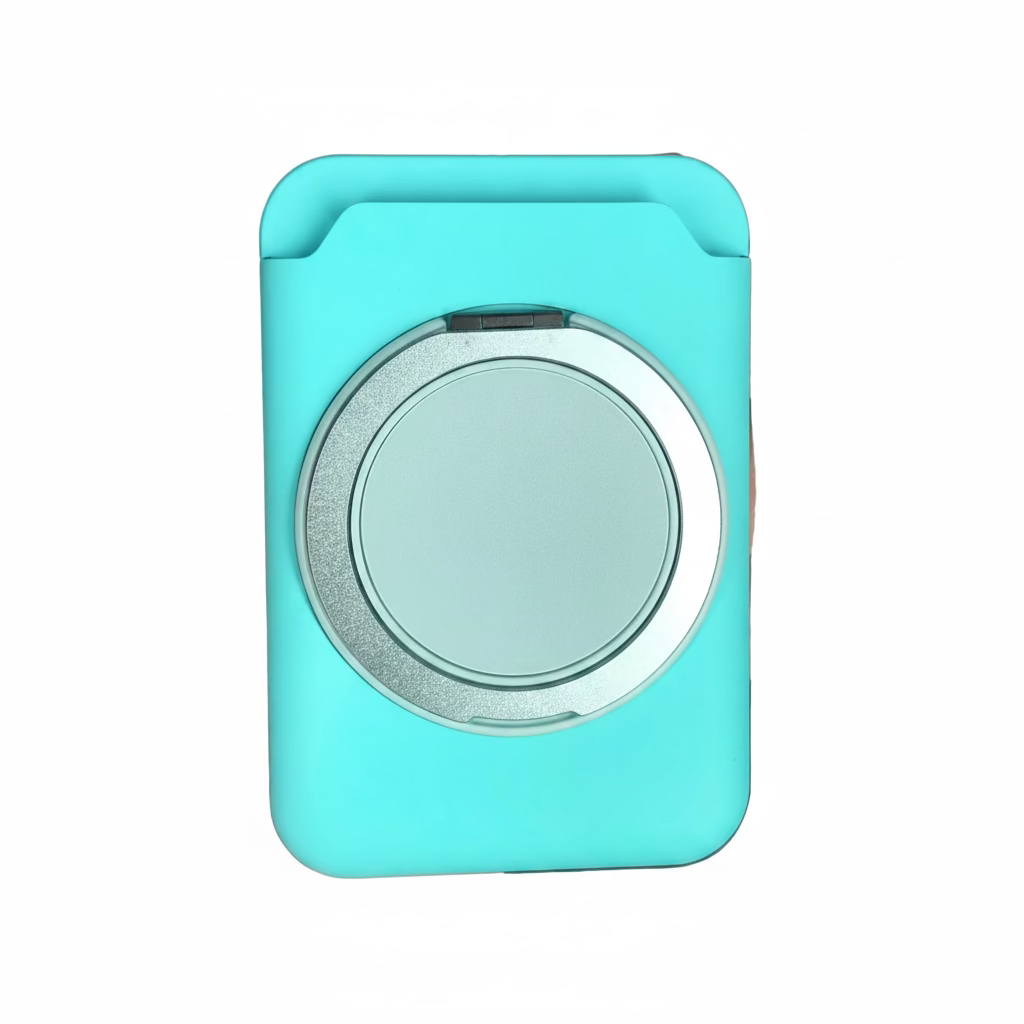 Turquoise case with a circular design held in a hand against a blurred background