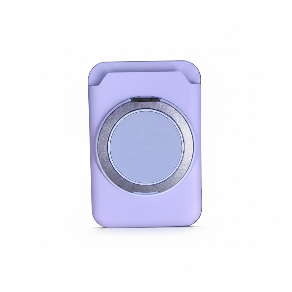 Purple case with a circular design held in a hand against a blurred background