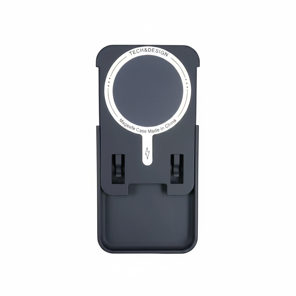 Hand holding a black phone case with visible branding on a blurred background