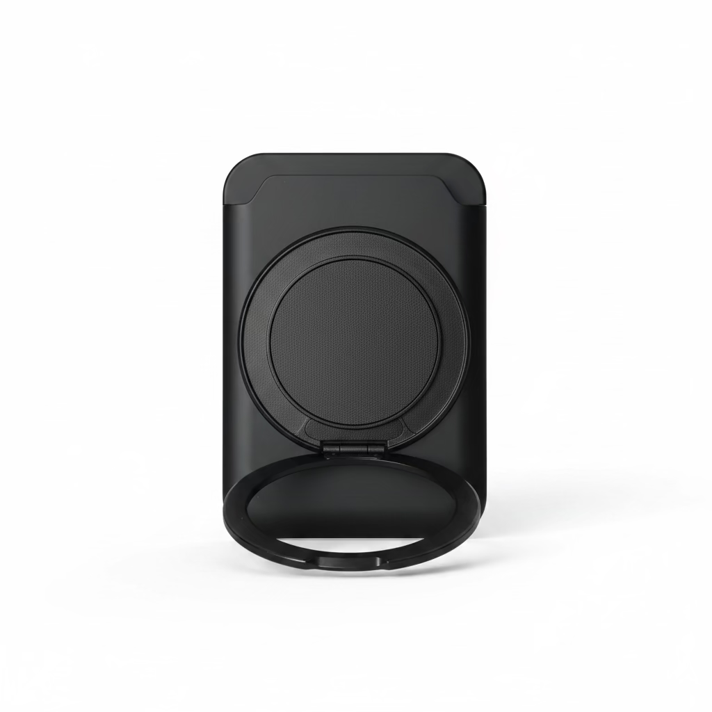 Black phone holder on a desk with a laptop in the background