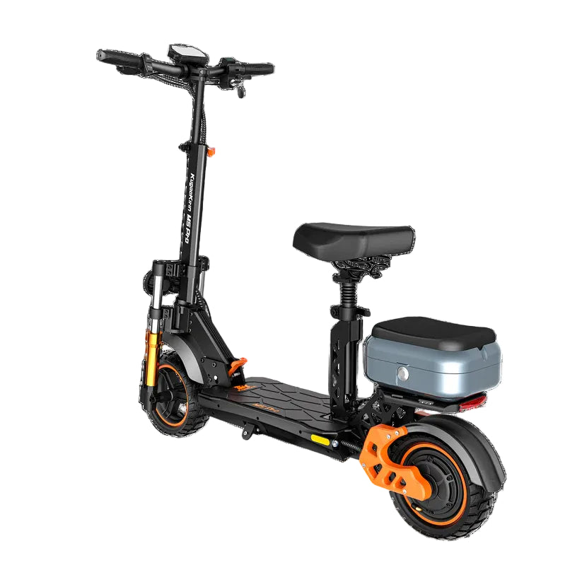 Black and orange electric scooter with a seat on a white background