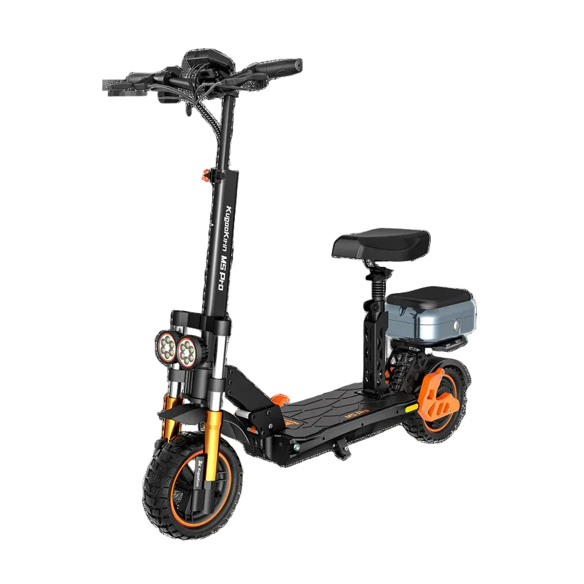 Black electric scooter with orange accents on a white background