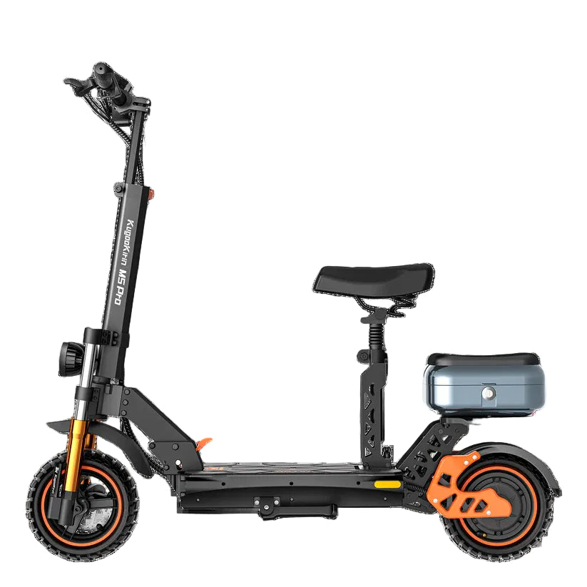 Black electric scooter with orange accents on a white background