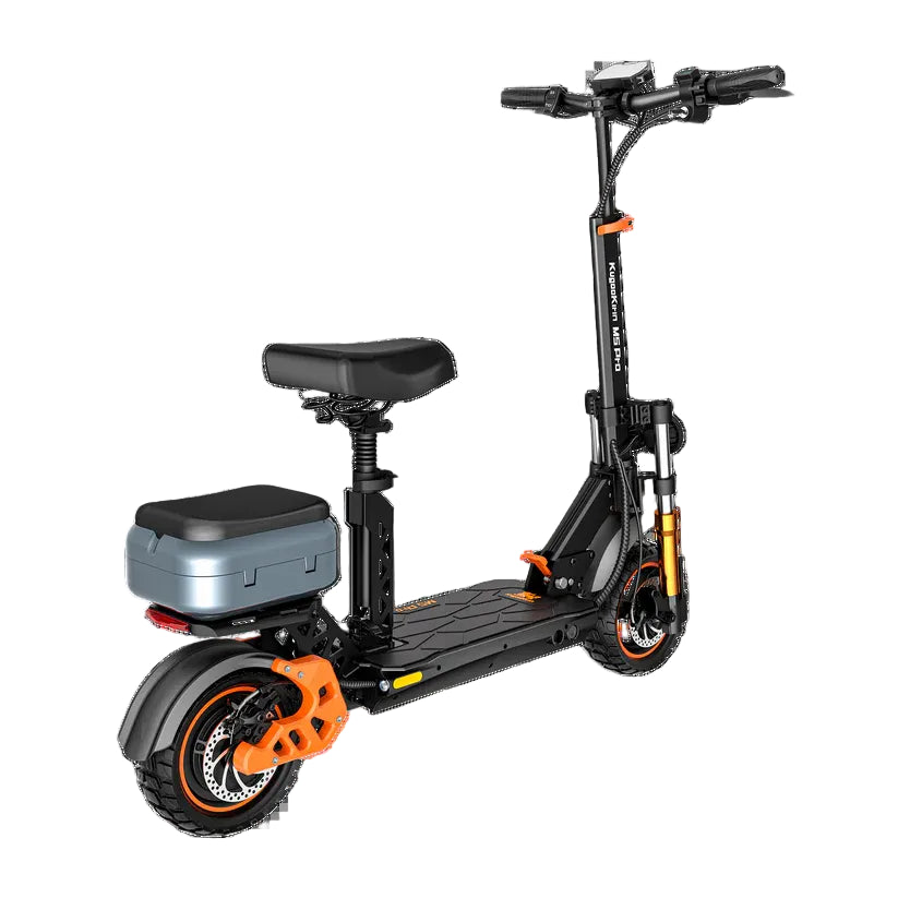 Electric scooter with a seat on a white background
