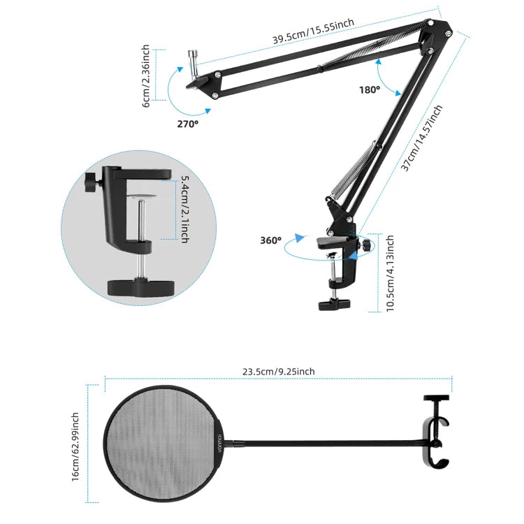 Measurement chart of a microphone stand with pop filter on a white background
