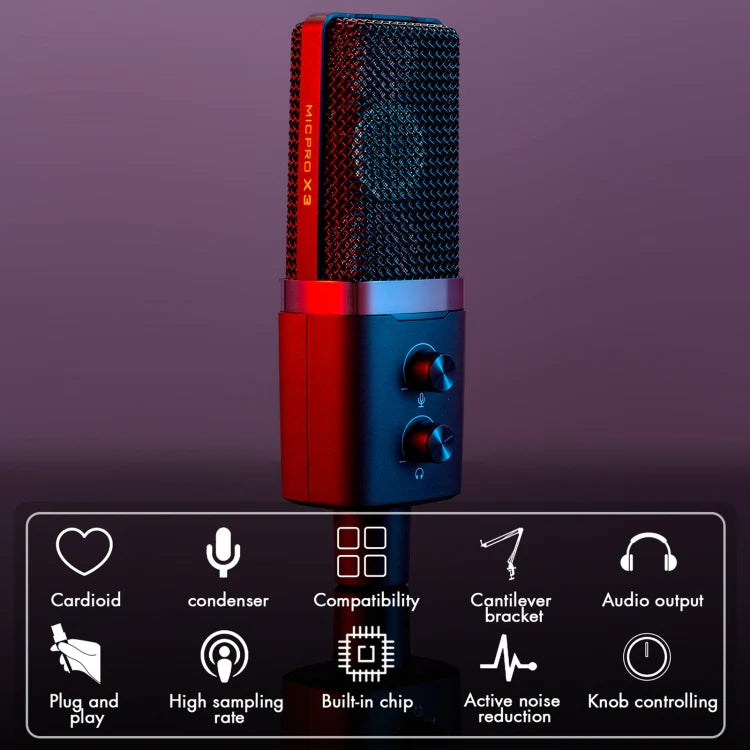 Red and blue microphone with features listed on a dark background