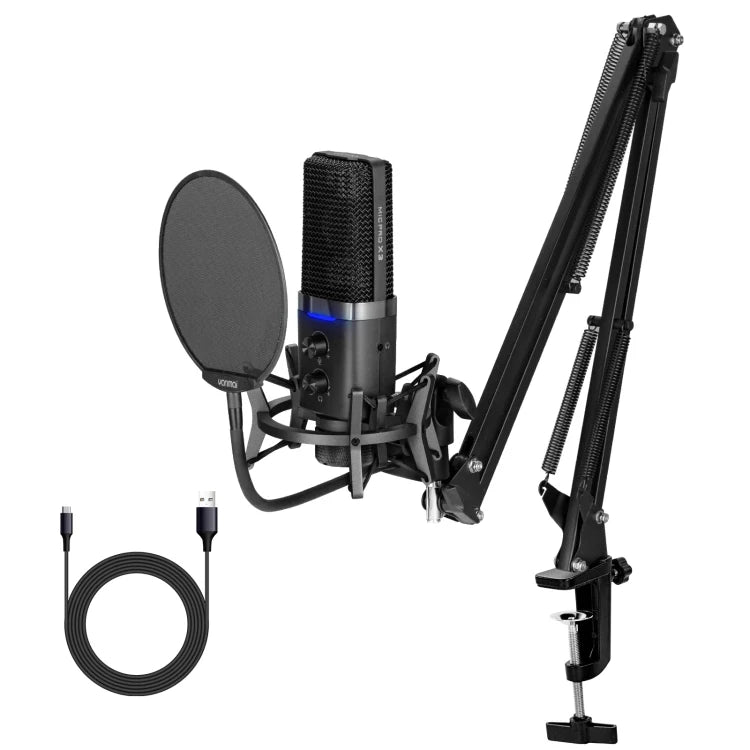 Professional microphone setup with a condenser microphone, pop filter, and adjustable arm on a white background.