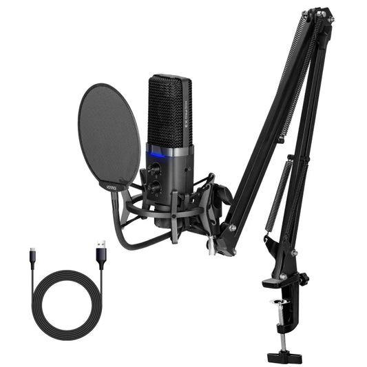 Professional microphone setup with a condenser microphone, pop filter, and adjustable arm on a white background.