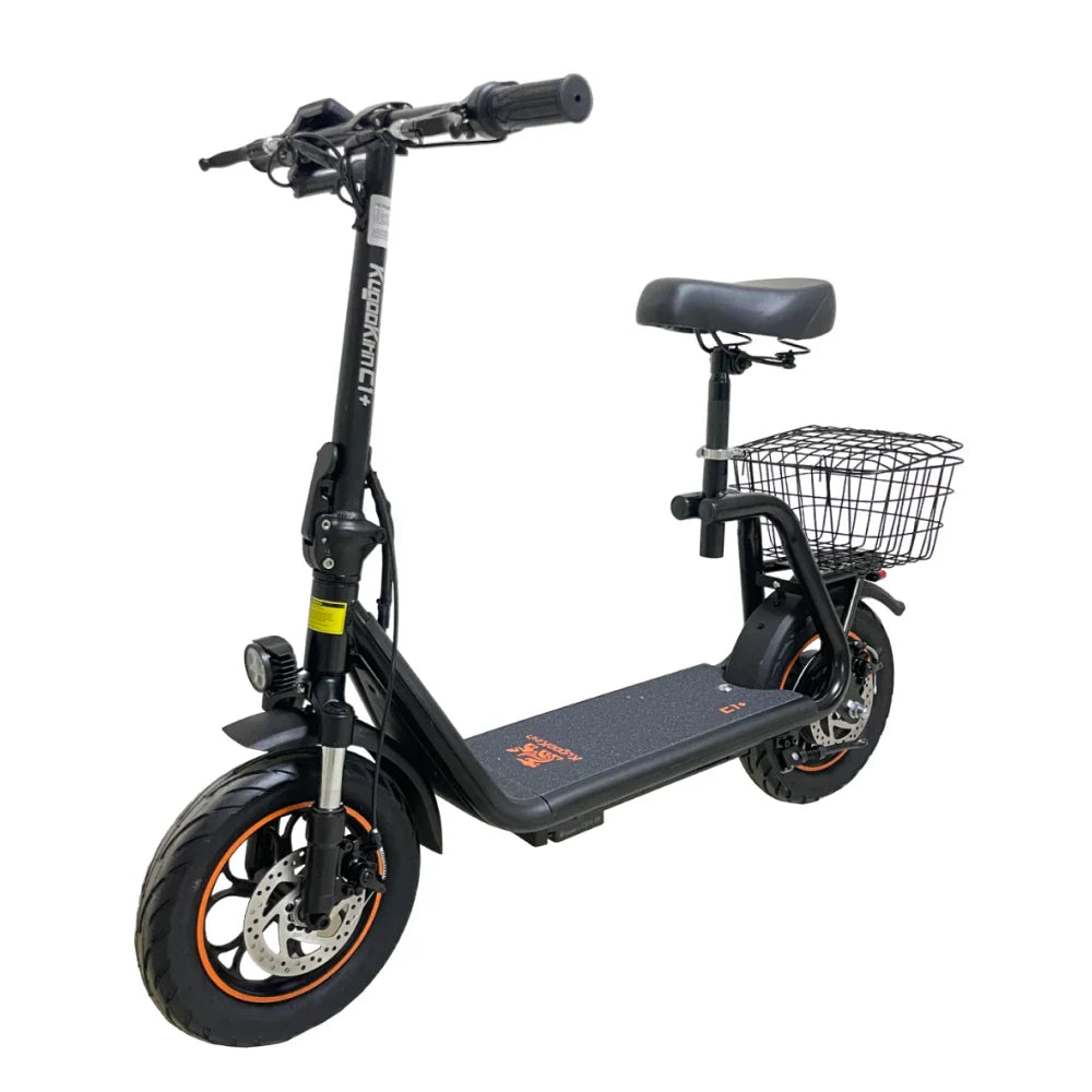 Black electric scooter with a seat and basket on a white background
